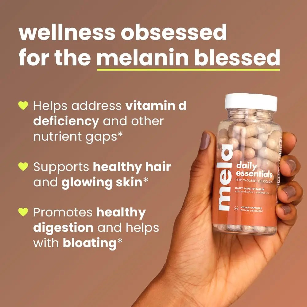 Mela Daily Essentials Multivitamin for Melanated Women - High-Dose Vitamin D3 and B12, Probiotics, Lion's Mane, Ceylon Cinnamon - Maple Wellness Supplements