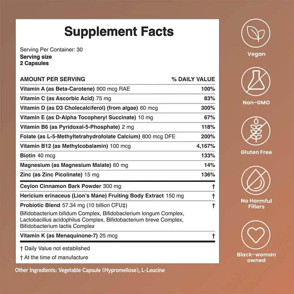 Mela Daily Essentials Multivitamin for Melanated Women - High-Dose Vitamin D3 and B12, Probiotics, Lion's Mane, Ceylon Cinnamon - Maple Wellness Supplements