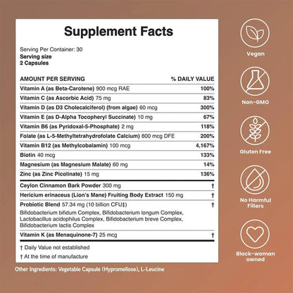 Mela Daily Essentials Multivitamin for Melanated Women - High-Dose Vitamin D3 and B12, Probiotics, Lion's Mane, Ceylon Cinnamon - Maple Wellness Supplements