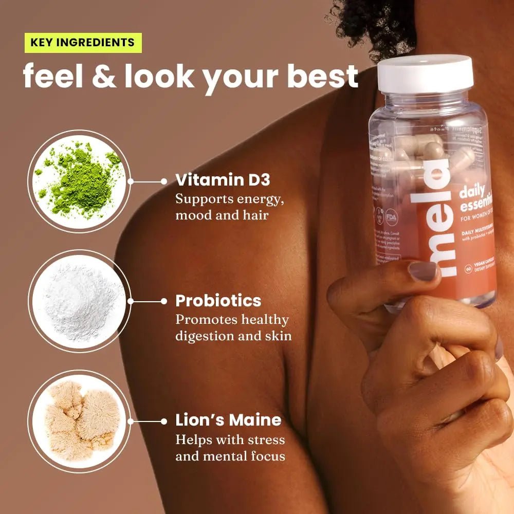 Mela Daily Essentials Multivitamin for Melanated Women - High-Dose Vitamin D3 and B12, Probiotics, Lion's Mane, Ceylon Cinnamon - Maple Wellness Supplements