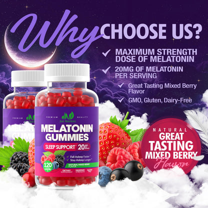 Melatonin 20mg Gummies (120 Count) - Maximum Strength Sleep Support for Adults with 10mg of Melatonin Per Gummy - Gluten-Free, Non-GMO, Vegetarian - Maple Wellness Supplements
