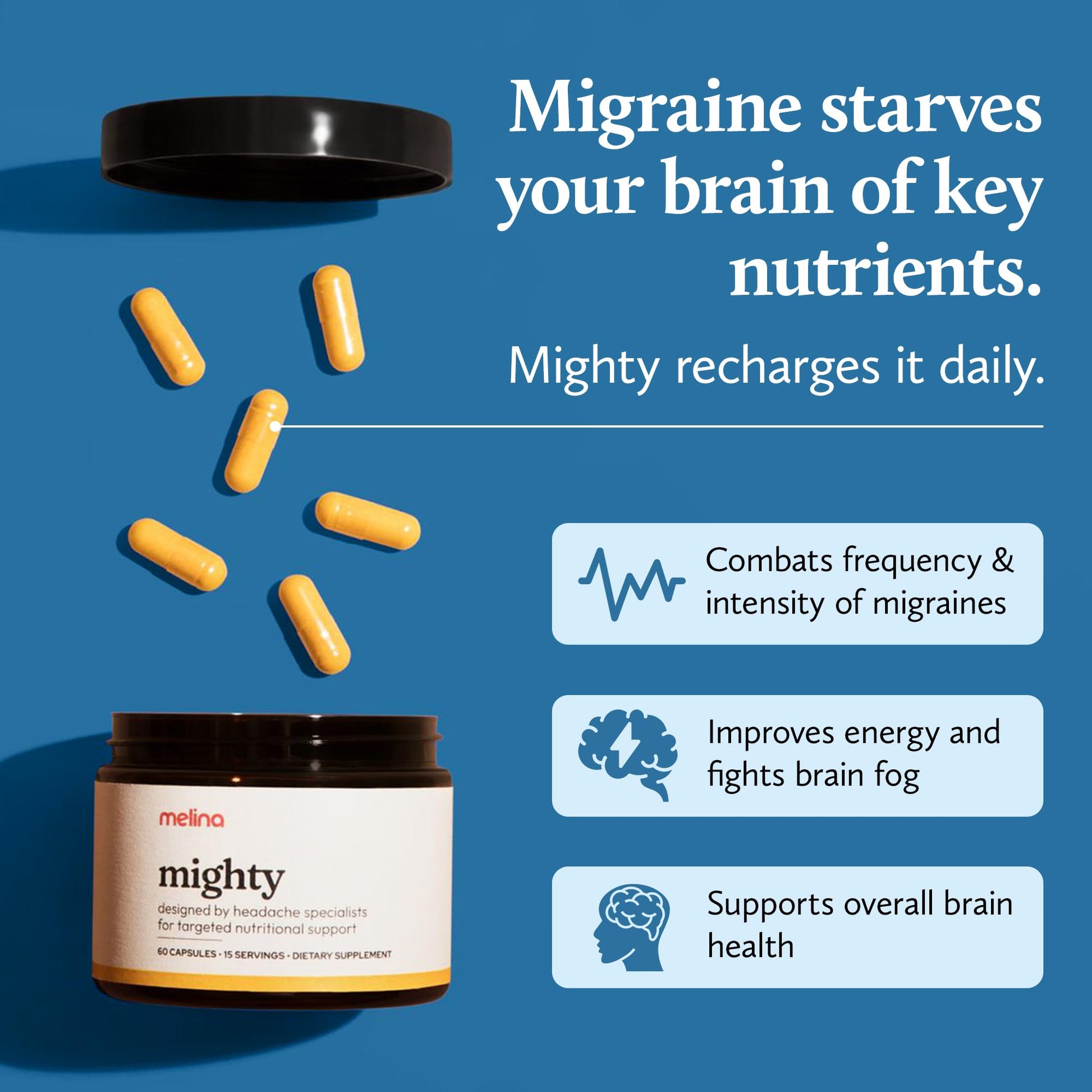 Melina Mighty Natural Migraine Relief Supplement - Magnesium, B2 Riboflavin 400mg, Feverfew, CoQ-10, ALCAR to Strengthen Migraine and Headache Prevention - 15 Servings (60 Caps) - Maple Wellness Supplements