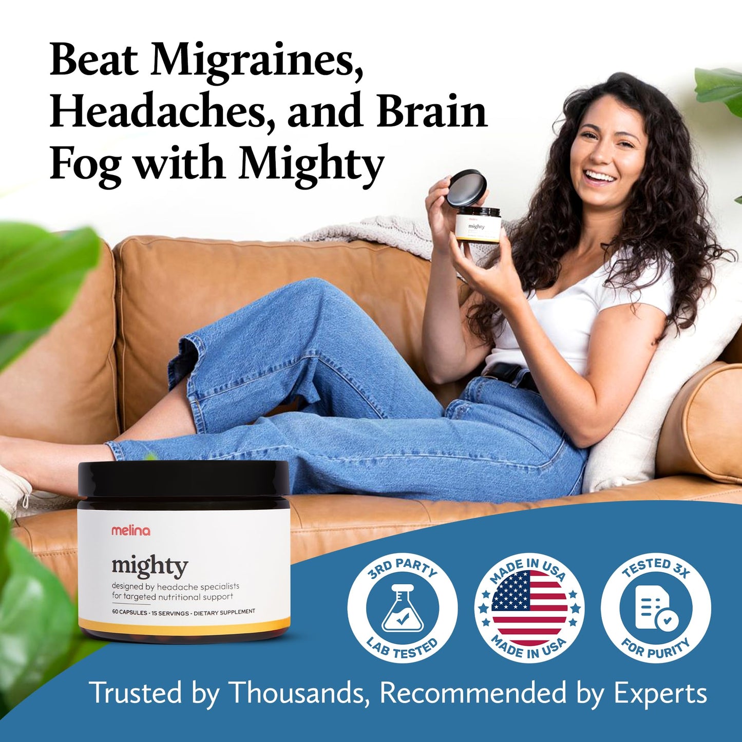 Melina Mighty Natural Migraine Relief Supplement - Magnesium, B2 Riboflavin 400mg, Feverfew, CoQ-10, ALCAR to Strengthen Migraine and Headache Prevention - 15 Servings (60 Caps) - Maple Wellness Supplements