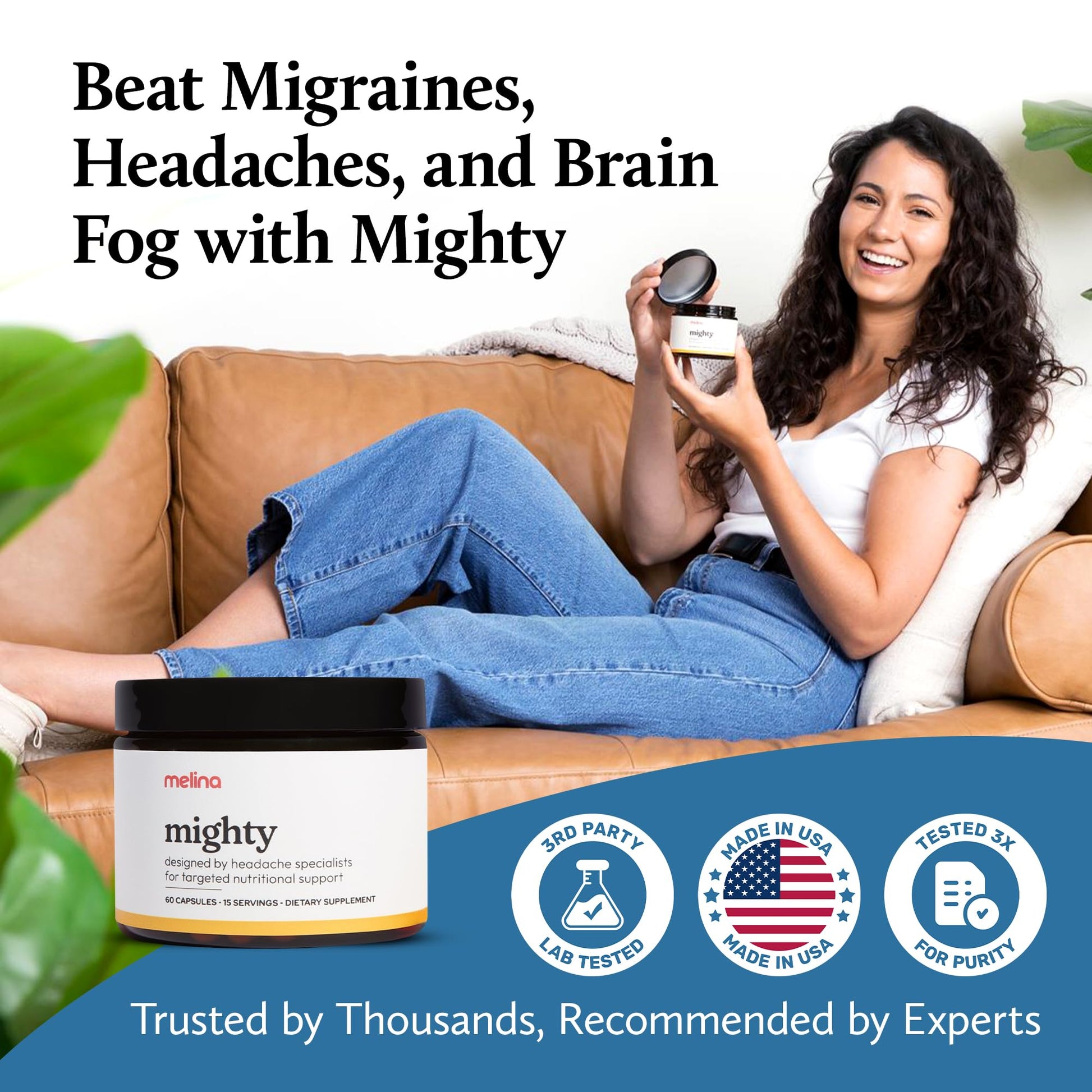 Melina Mighty Natural Migraine Relief Supplement - Magnesium, B2 Riboflavin 400mg, Feverfew, CoQ-10, ALCAR to Strengthen Migraine and Headache Prevention - 15 Servings (60 Caps) - Maple Wellness Supplements