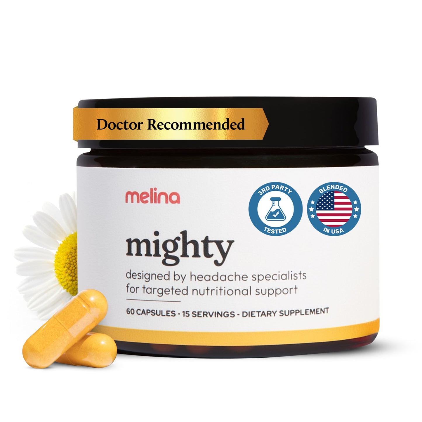 Melina Mighty Natural Migraine Relief Supplement - Magnesium, B2 Riboflavin 400mg, Feverfew, CoQ-10, ALCAR to Strengthen Migraine and Headache Prevention - 15 Servings (60 Caps) - Maple Wellness Supplements