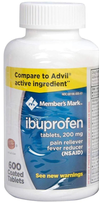 Member's Mark Ibuprofen Coated Tablets 200mg Pain Reliever Fever Reducer, 1 Bottle, 600 Tablets - Maple Wellness Supplements