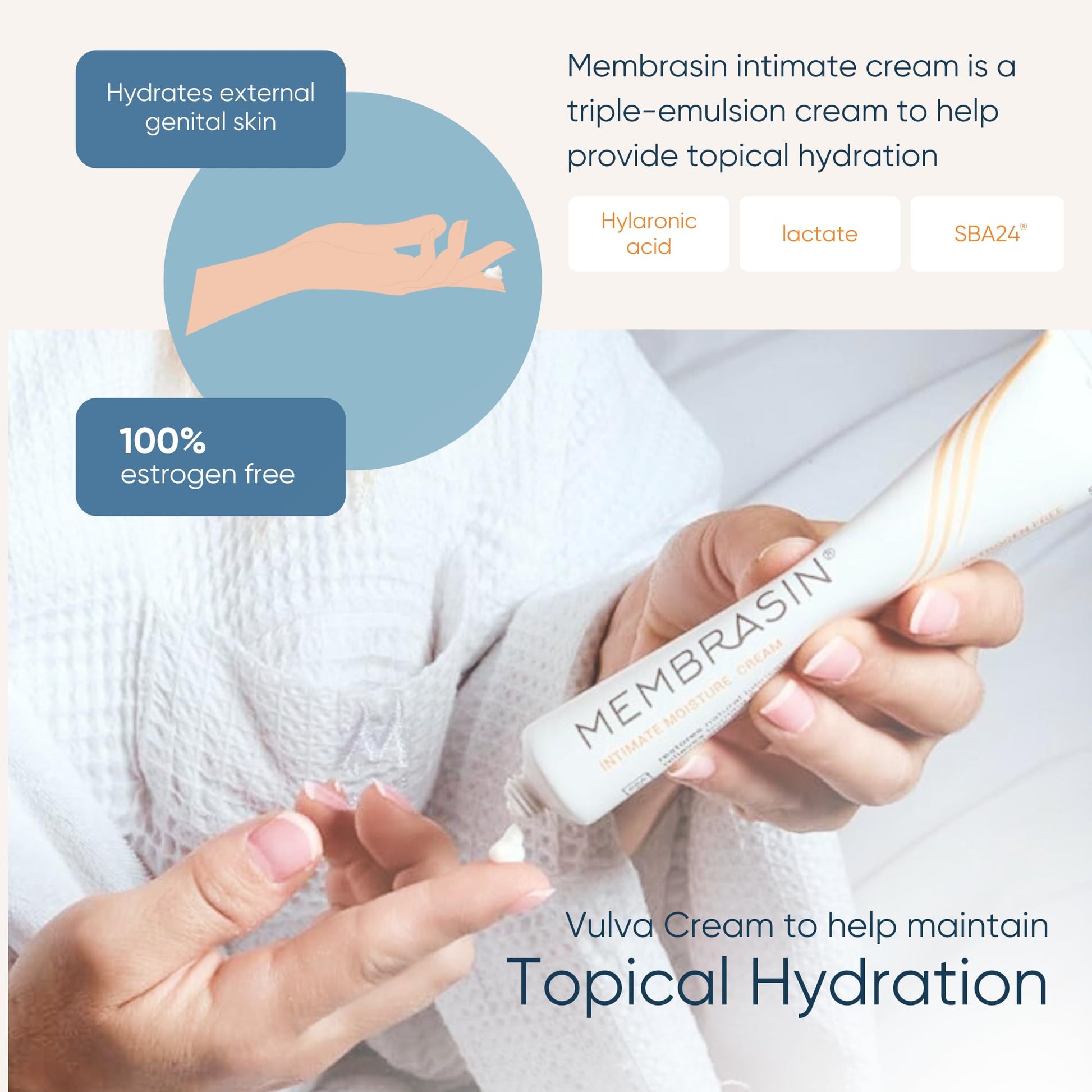 Membrasin Vaginal Moisture Cream with Hyaluronic Acid, Relieves Vaginal Dryness, Itching and Burning, Menopause Support, Hormone Free, Plant Based Formula with Omega 3 6 7 9 and Vitamin E, 50 ml - Maple Wellness Supplements
