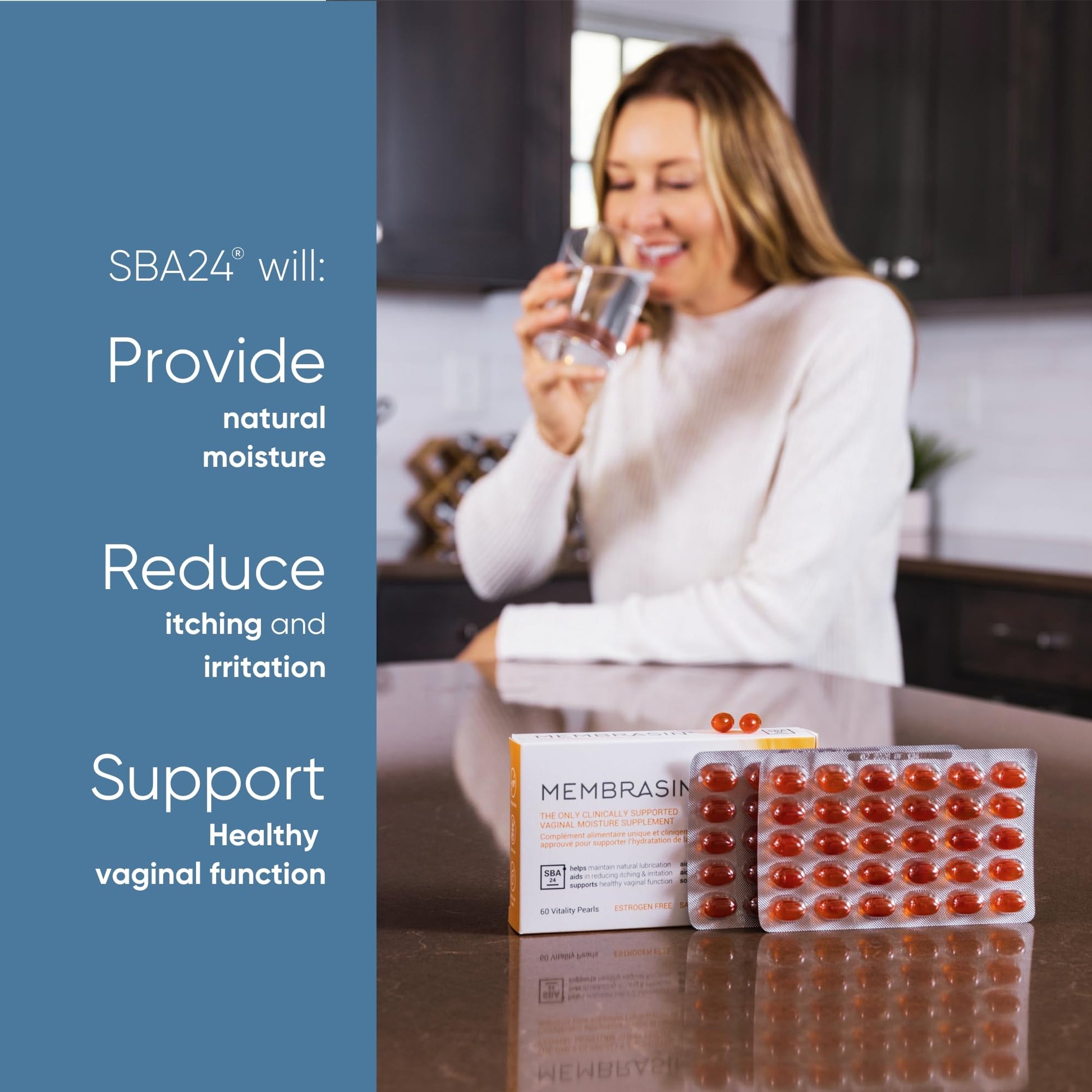 Membrasin Vaginal Moisture Support Vitality Pearls, Menopause Supplement for Vaginal Dryness & Itch, Estrogen-Free Supplement, 100% Natural Formula, Made with Sea Buckthorn Oil, 30 Oral Softgels - Maple Wellness Supplements