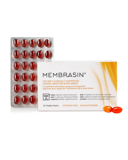 Membrasin Vaginal Moisture Support Vitality Pearls, Menopause Supplement for Vaginal Dryness & Itch, Estrogen-Free Supplement, 100% Natural Formula, Made with Sea Buckthorn Oil, 30 Oral Softgels - Maple Wellness Supplements