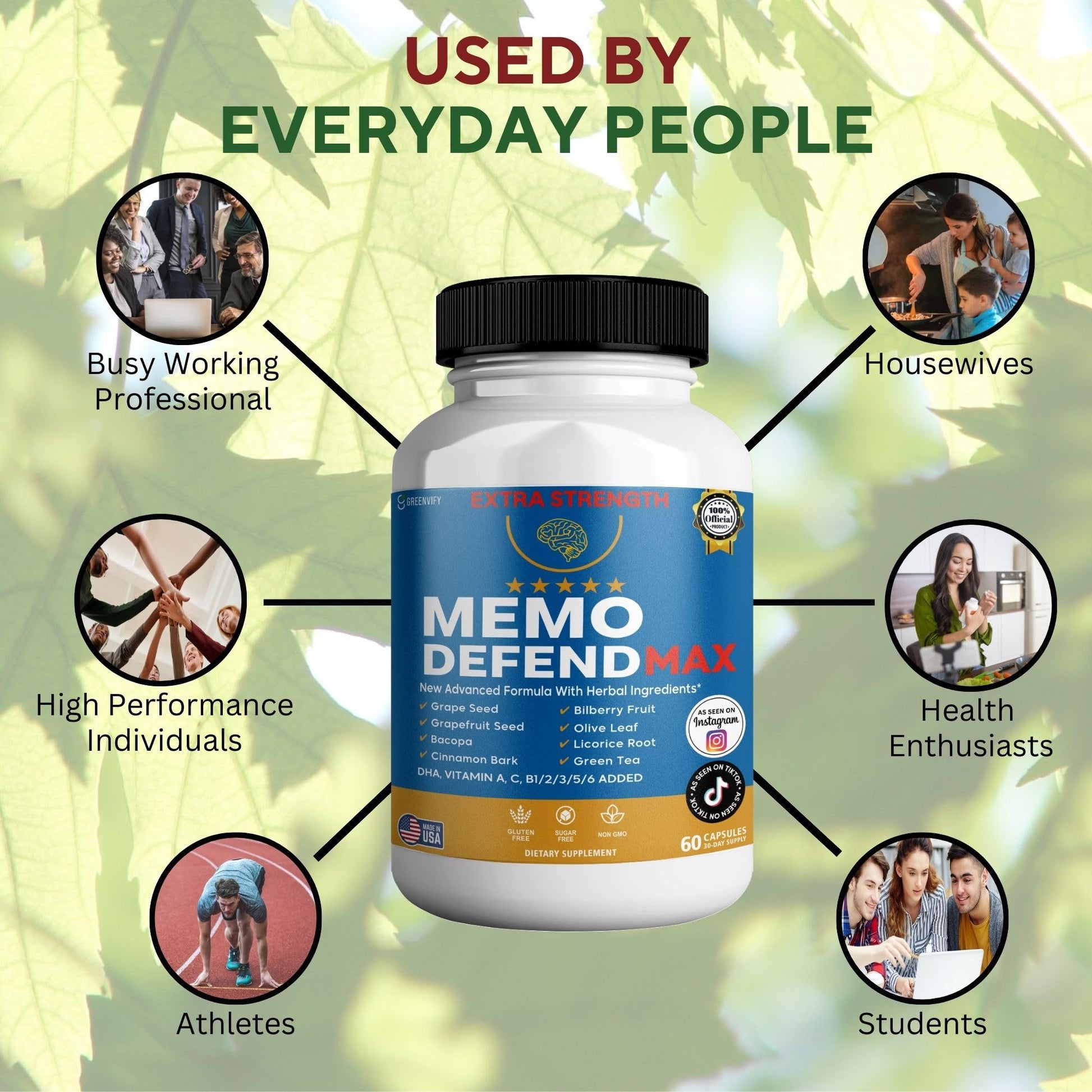 Memo Defend Max Memory Support Supplement, 60 Capsules, with Vitamins A C D E B Complex, DHA, Bacopa, Grapefruit Seed (1) - Maple Wellness Supplements