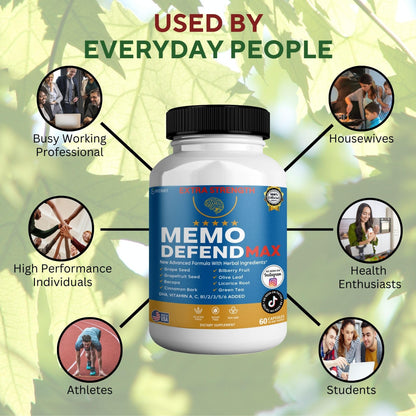 Memo Defend Max Memory Support Supplement, 60 Capsules, with Vitamins A C D E B Complex, DHA, Bacopa, Grapefruit Seed (1) - Maple Wellness Supplements