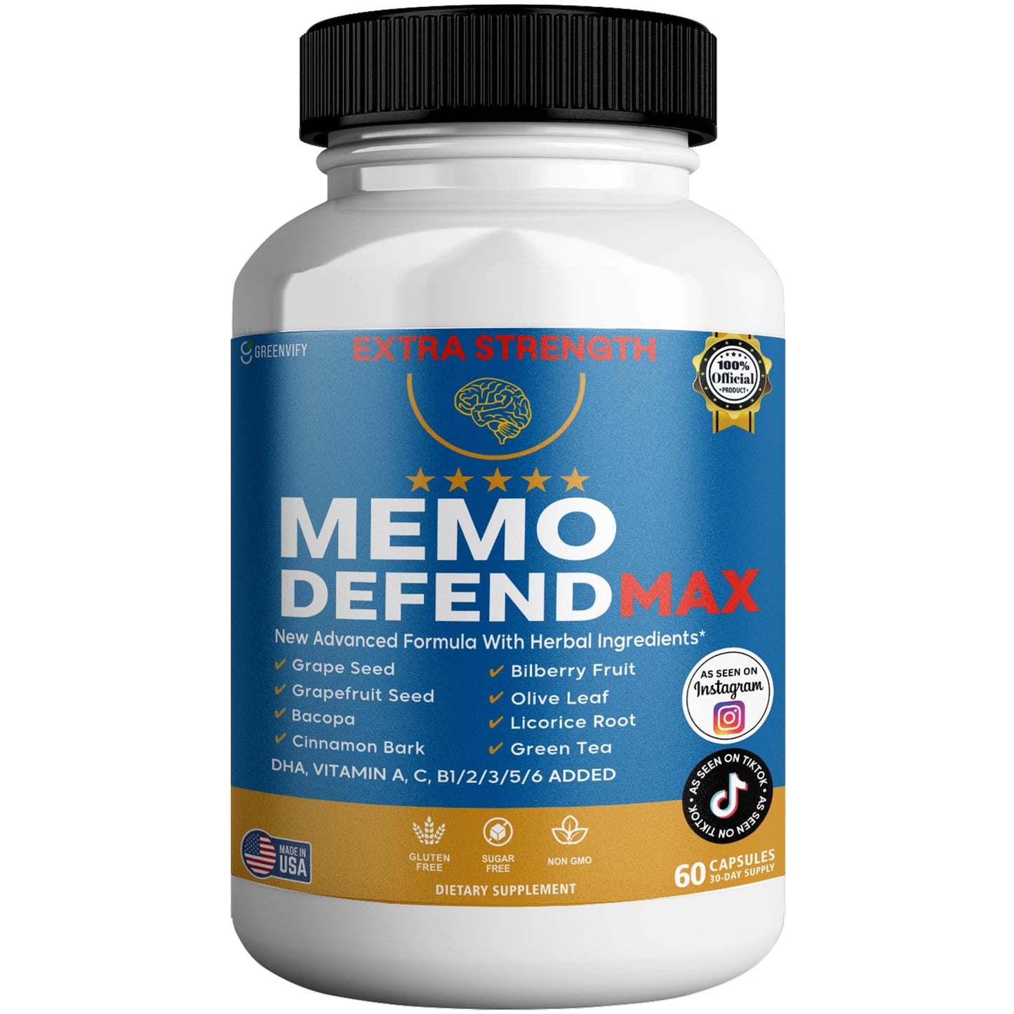 Memo Defend Max Memory Support Supplement, 60 Capsules, with Vitamins A C D E B Complex, DHA, Bacopa, Grapefruit Seed (1) - Maple Wellness Supplements