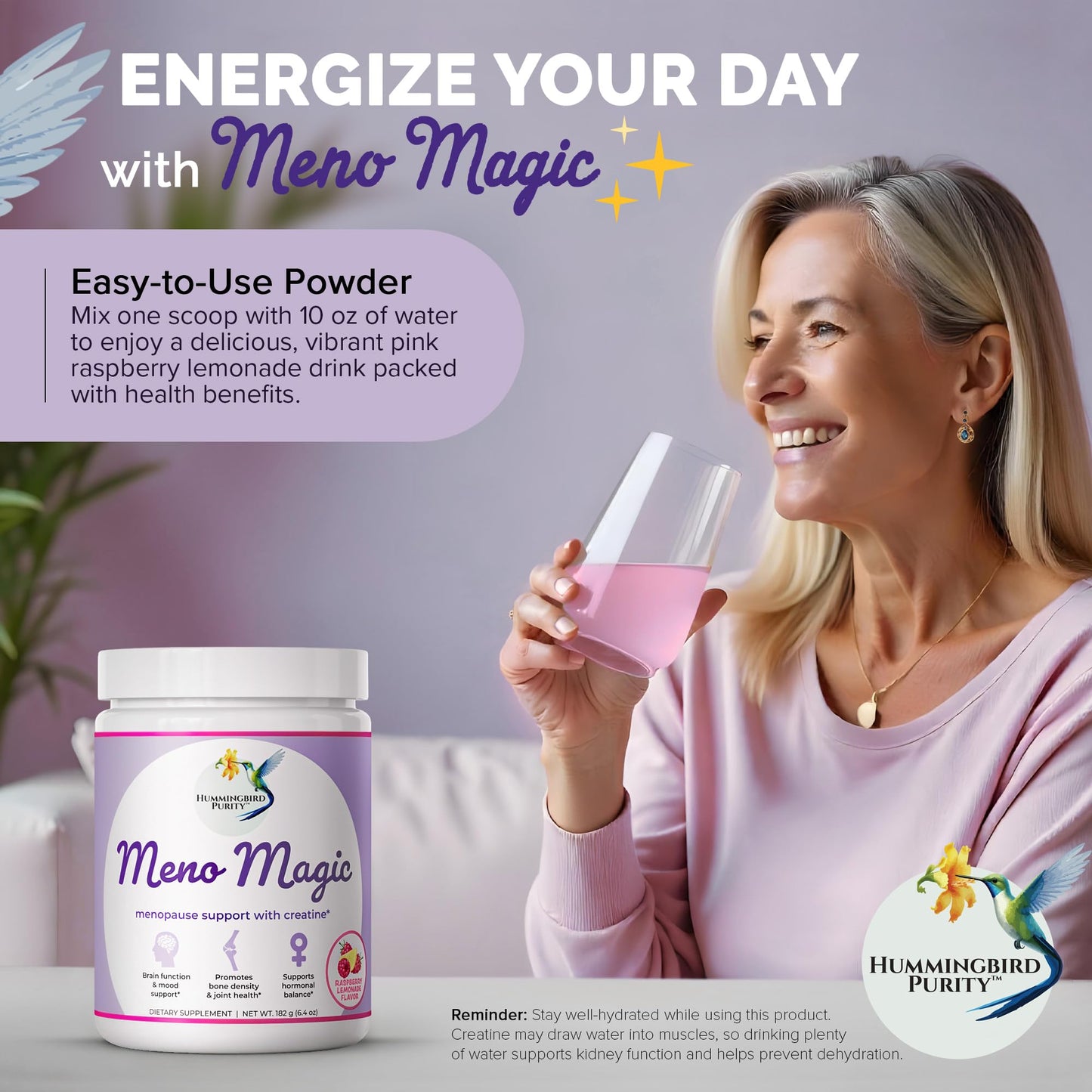 Meno Magic Menopause Support Drink – Raspberry Lemonade with Creatine, Herbs & Vitamins | 30 Servings - Maple Wellness Supplements
