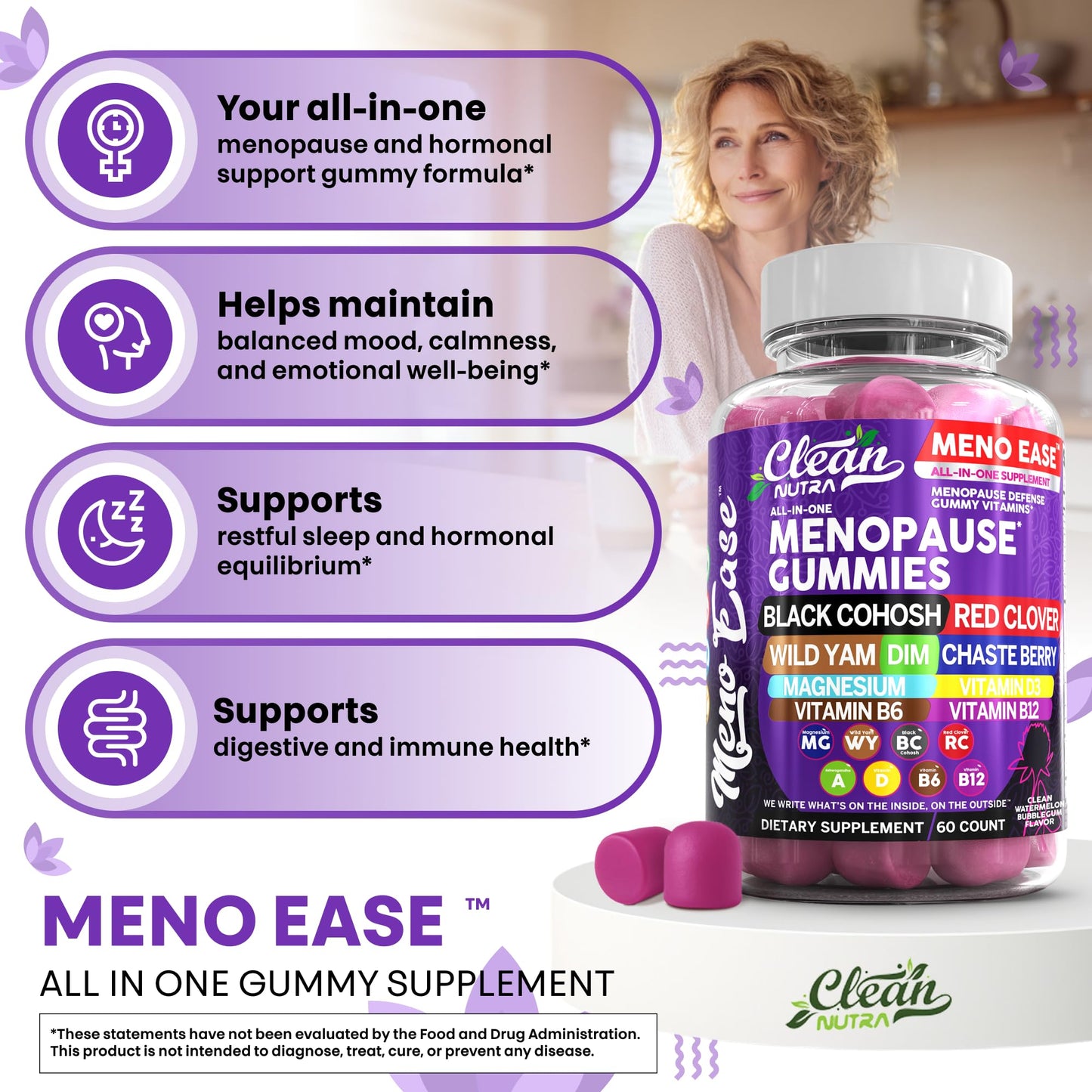 Menopause Supplement for Women Gummies with Black Cohosh, Wild Yam, DIM, Magnesium, Red Clover Chasteberry for Hormone Balance Relief Night Sweats Mood Plus Bergamot, Vitamin D3, Vitamin B6 B12 - Maple Wellness Supplements
