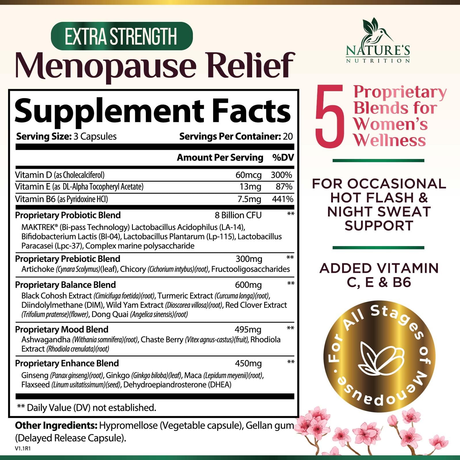 Menopause Supplement for Women - Natural Menopause Relief Support for Mild Hot Flashes & Night Sweats - Best Probiotics for Women, Dong Quai, Black Cohosh, Ashwagandha - Bottled in USA - 60 Capsules - Maple Wellness Supplements