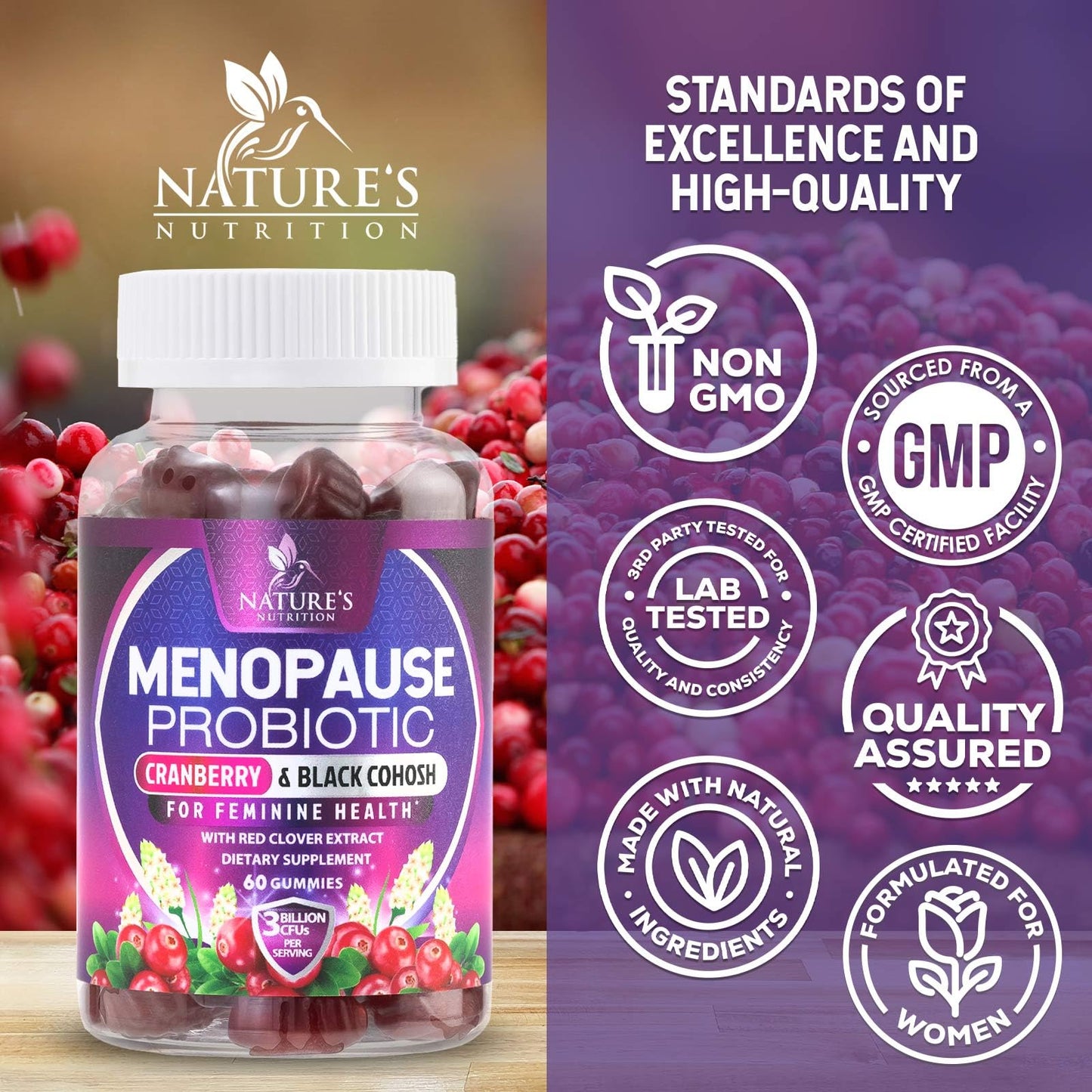 Menopause Supplement Gummies - 3 Billion CFU Women's Probiotics - Advanced Menopause Relief Formula for Women with Black Cohosh & Red Clover - Mild Hot Flashes & Night Sweats Support - 60 Gummies - Maple Wellness Supplements