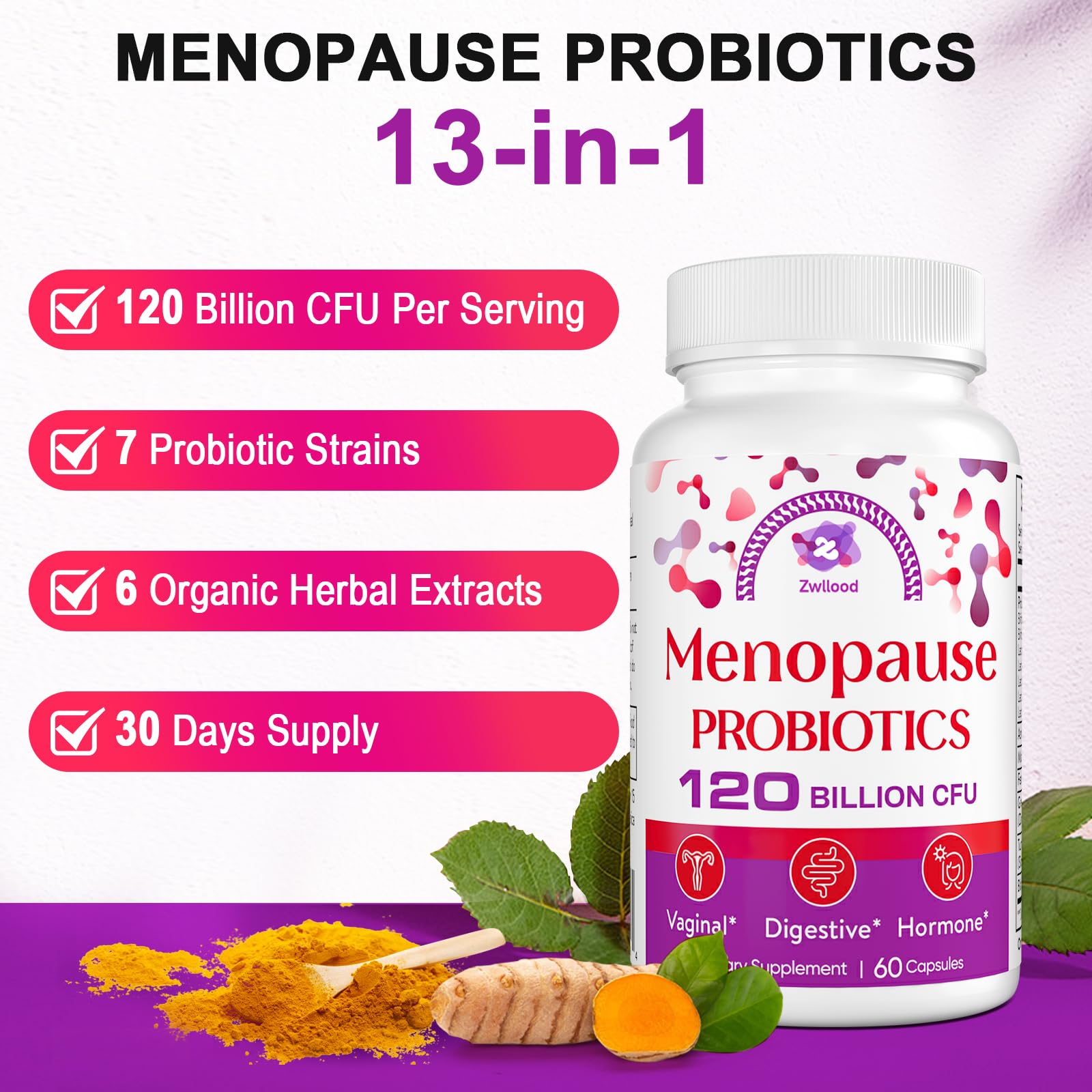 Menopause Supplements for Women, 120 Billion CFU Menopause Probiotics for Women, All-Natural Probiotic for Hot Flashes Menopause, Night Sweats, Mood Swings, Gut and Hormone - 60 Herbal Capsules - Maple Wellness Supplements