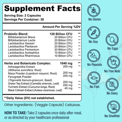 Menopause Supplements for Women, 120 Billion CFU Probiotic, 13-in-1 Herbs Probiotics Complex, for Menopause Relief, Hormone Balance, Hot Flashes, Night Sweats, Mood Swings, Gut & Immunity - 60 Capsule - Maple Wellness Supplements