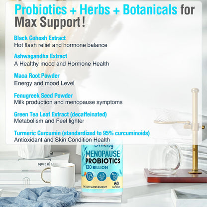 Menopause Supplements for Women, 120 Billion CFU Probiotic, 13-in-1 Herbs Probiotics Complex, for Menopause Relief, Hormone Balance, Hot Flashes, Night Sweats, Mood Swings, Gut & Immunity - 60 Capsule - Maple Wellness Supplements