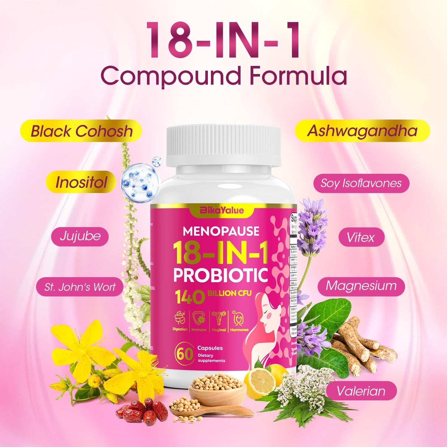 Menopause Supplements for Women, 140 Billion CFU Probiotics, 18-in-1 Menopause Relief with Magnesium, Black Cohosh, Inositol, Hormone Harmony for Women, Night Sweats, Mood Swings, Immunity - 60 Caps - Maple Wellness Supplements