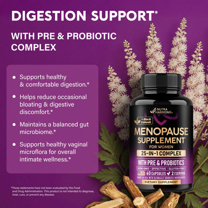 Menopause Supplements for Women - Dong Quai, Black Cohosh, Pre & Probiotics - Sweats & Hot Flashes Relief - Digestion, Sleep & Mood Support - 25-in-1 Perimenopause Complex - Maple Wellness Supplements