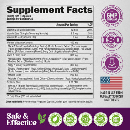 Menopause Supplements for Women - Dong Quai, Black Cohosh, Pre & Probiotics - Sweats & Hot Flashes Relief - Digestion, Sleep & Mood Support - 25-in-1 Perimenopause Complex - Maple Wellness Supplements