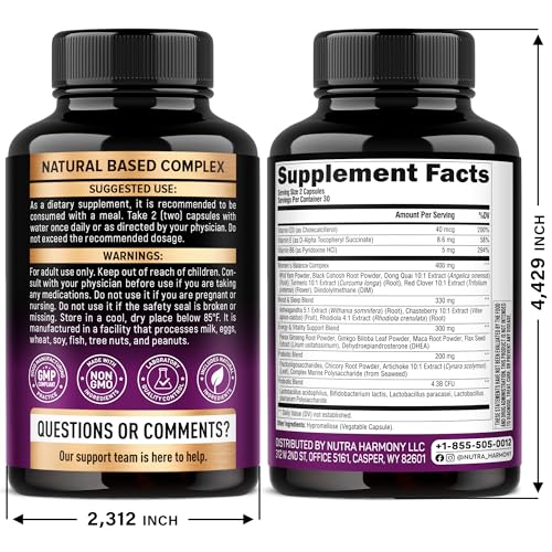 Menopause Supplements for Women - Dong Quai, Black Cohosh, Pre & Probiotics - Sweats & Hot Flashes Relief - Digestion, Sleep & Mood Support - 25-in-1 Perimenopause Complex - Maple Wellness Supplements