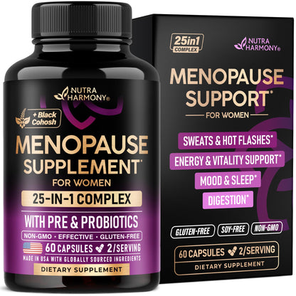 Menopause Supplements for Women - Dong Quai, Black Cohosh, Pre & Probiotics - Sweats & Hot Flashes Relief - Digestion, Sleep & Mood Support - 25-in-1 Perimenopause Complex - Maple Wellness Supplements