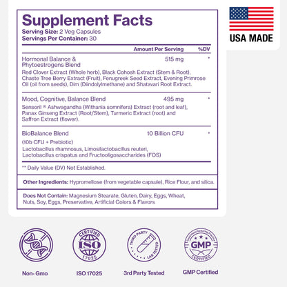Menopause Supplements for Women - Natural Hormone Balance - Hot Flashes, Night Sweats, Sleep & Mood Support. with Sensoril® Ashwagandha, DIM, Chaste Berry & Black Cohosh Root - 60 Count - Maple Wellness Supplements