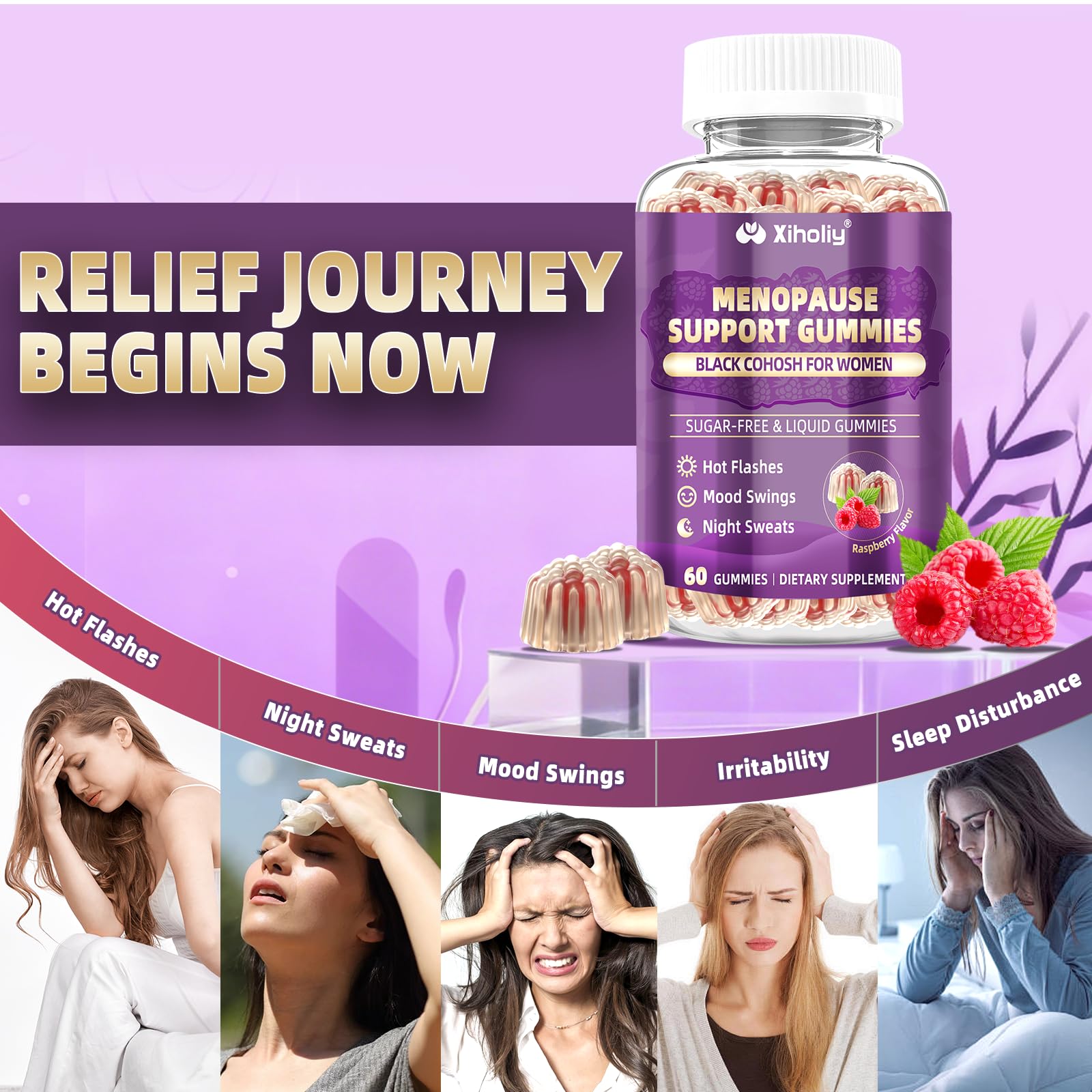 Menopause Supplements for Women with Black Cohosh, Menopause Relief Sugar Free Gummies for Hot Flashes, Natural Female Hormone Balance & Ashwagandha, Magnesium for Night Sweats, Mood Swings, 60 Count - Maple Wellness Supplements