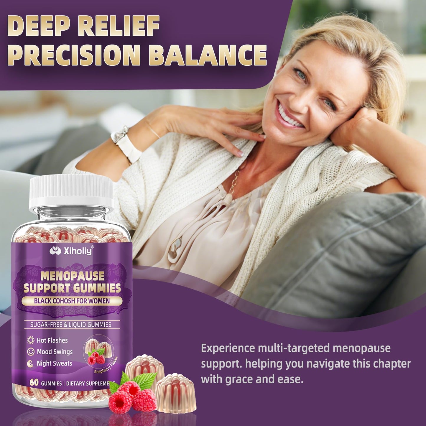 Menopause Supplements for Women with Black Cohosh, Menopause Relief Sugar Free Gummies for Hot Flashes, Natural Female Hormone Balance & Ashwagandha, Magnesium for Night Sweats, Mood Swings, 60 Count - Maple Wellness Supplements