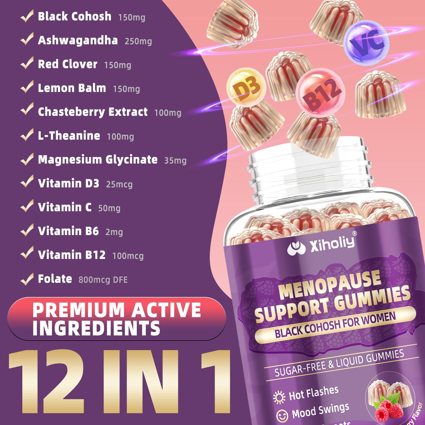 Menopause Supplements for Women with Black Cohosh, Menopause Relief Sugar Free Gummies for Hot Flashes, Natural Female Hormone Balance & Ashwagandha, Magnesium for Night Sweats, Mood Swings, 60 Count - Maple Wellness Supplements