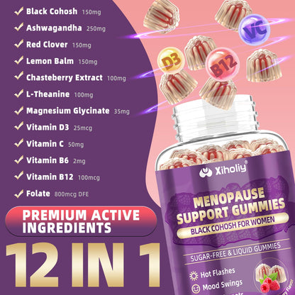 Menopause Supplements for Women with Black Cohosh, Menopause Relief Sugar Free Gummies for Hot Flashes, Natural Female Hormone Balance & Ashwagandha, Magnesium for Night Sweats, Mood Swings, 60 Count - Maple Wellness Supplements