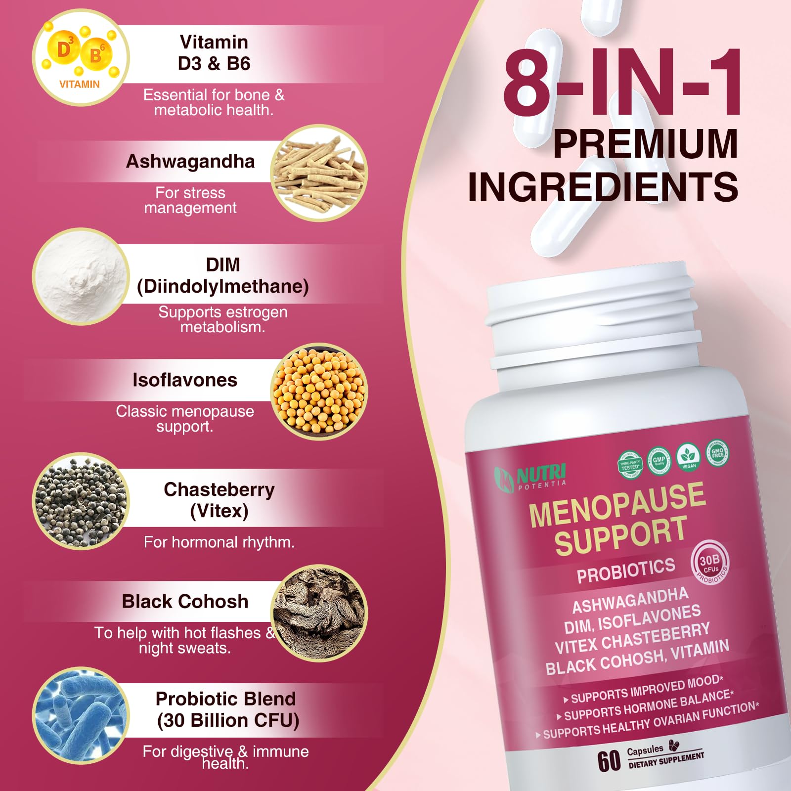 Menopause Supplements for Women with Probiotics, DIM, Black Cohosh, Chasteberry & Soy Isoflavones Support Hormone Balance & Helps Relieve Hot Flashes, Night Sweats - 60 Servings (Made & Tested in USA) - Maple Wellness Supplements