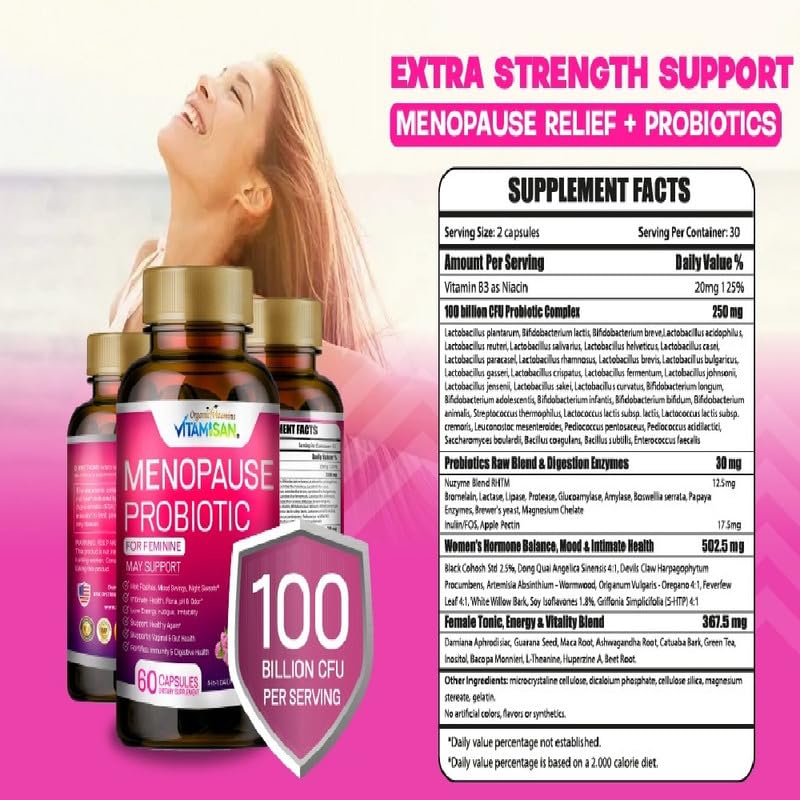 Menopause Support for Women – Hormone-Free Prebiotics & Probiotics 100 Billion CFU with Black Cohosh & Ashwagandha | Feminine Care, pH Balance, Vaginal Health, Hot Flashes, Night Sweats & Mood Swings - Maple Wellness Supplements