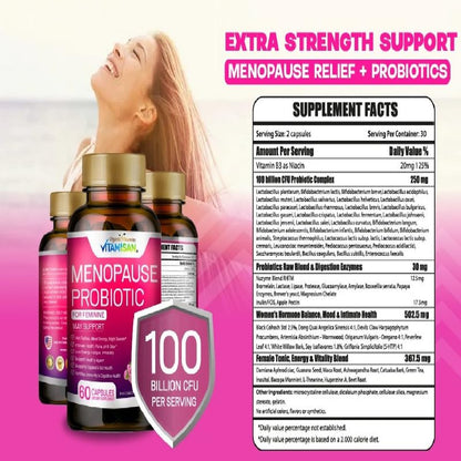 Menopause Support for Women – Hormone-Free Prebiotics & Probiotics 100 Billion CFU with Black Cohosh & Ashwagandha | Feminine Care, pH Balance, Vaginal Health, Hot Flashes, Night Sweats & Mood Swings - Maple Wellness Supplements