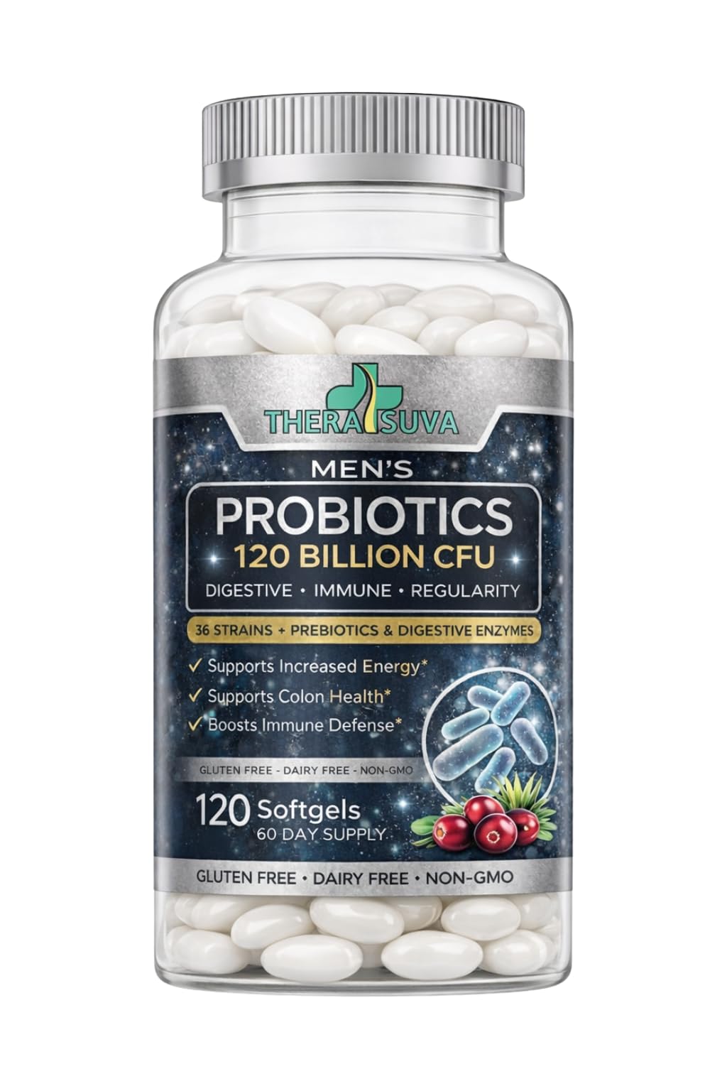 Men’s Advanced Probiotics 120 Billion CFU - 36 Strains + Prebiotics, Enzymes & Veggie Blend for Gut, Immune & Colon Health - 2 Month Supply, 120 Softgels - Maple Wellness Supplements