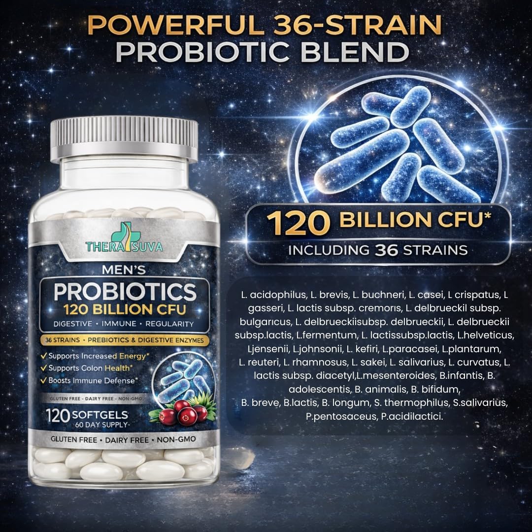 Men’s Advanced Probiotics 120 Billion CFU - 36 Strains + Prebiotics, Enzymes & Veggie Blend for Gut, Immune & Colon Health - 2 Month Supply, 120 Softgels - Maple Wellness Supplements