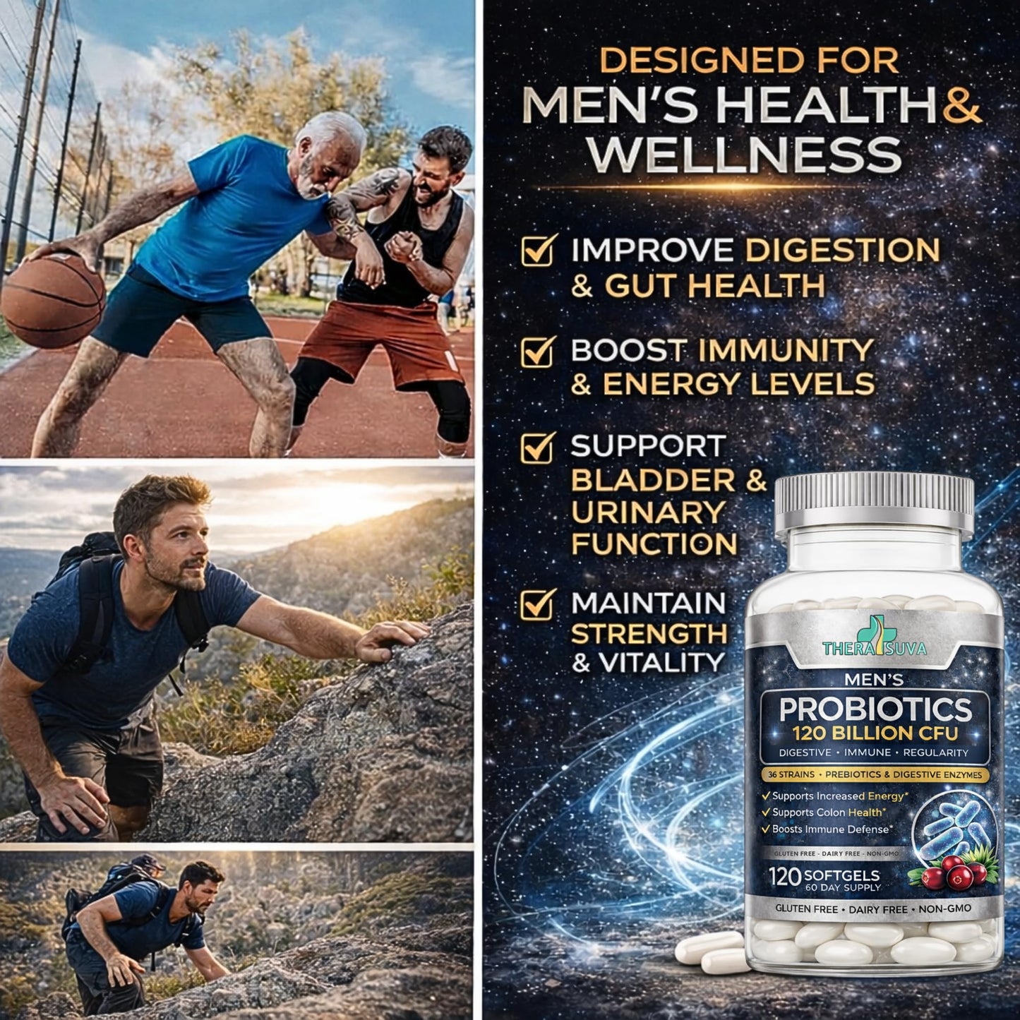 Men’s Advanced Probiotics 120 Billion CFU - 36 Strains + Prebiotics, Enzymes & Veggie Blend for Gut, Immune & Colon Health - 2 Month Supply, 120 Softgels - Maple Wellness Supplements