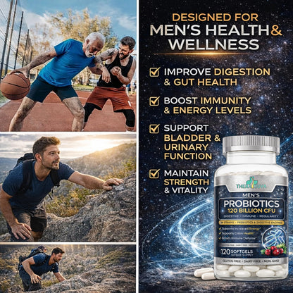 Men’s Advanced Probiotics 120 Billion CFU - 36 Strains + Prebiotics, Enzymes & Veggie Blend for Gut, Immune & Colon Health - 2 Month Supply, 120 Softgels - Maple Wellness Supplements