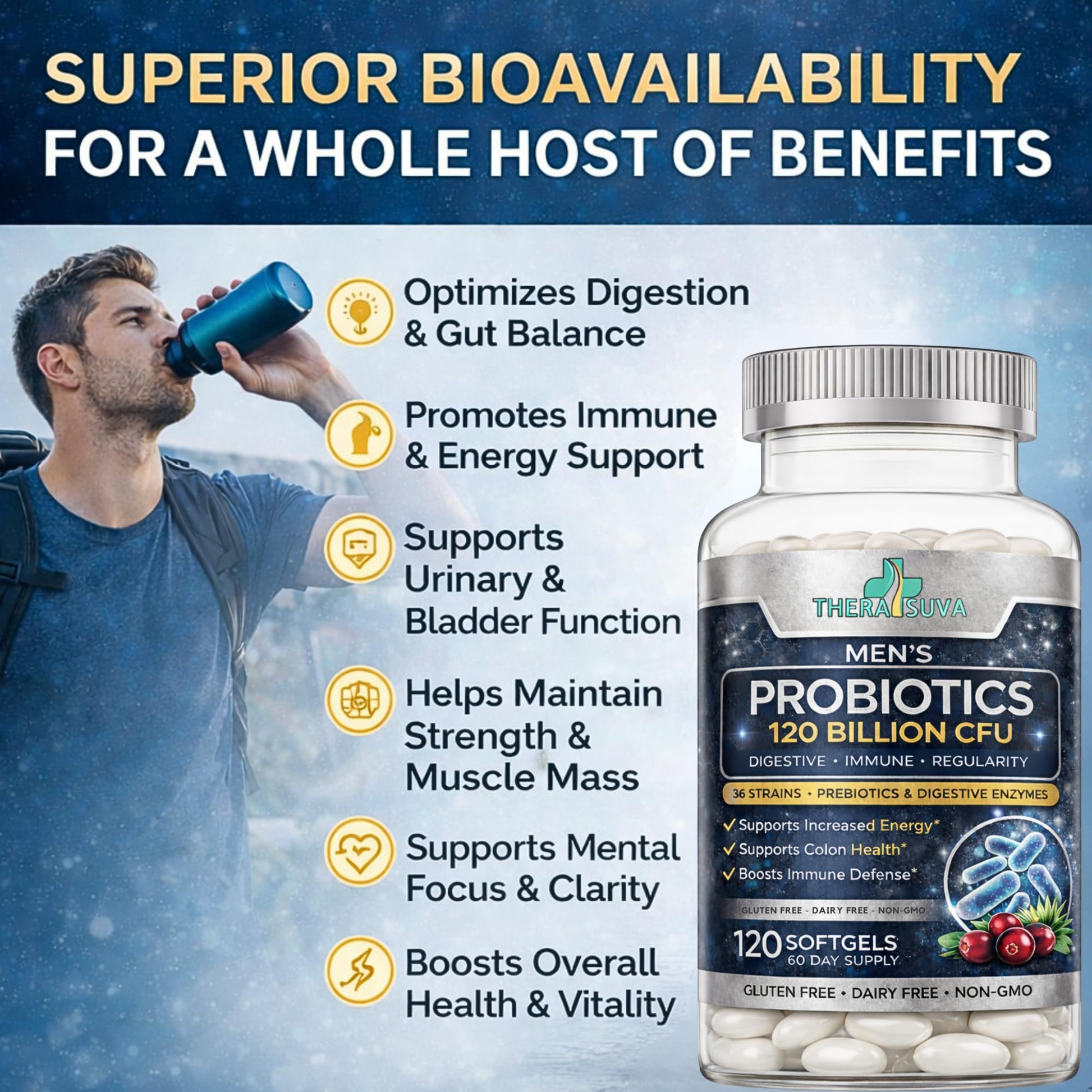 Men’s Advanced Probiotics 120 Billion CFU - 36 Strains + Prebiotics, Enzymes & Veggie Blend for Gut, Immune & Colon Health - 2 Month Supply, 120 Softgels - Maple Wellness Supplements