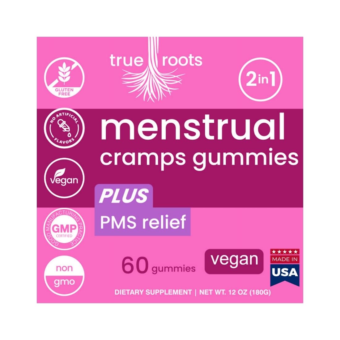 Menstrual Cramp Period Gummies True Roots | PMS Support Supplement for Women | Healthy Flow | Flo PMS Menstrual Cycle Relief, Cramping and Bloating | Vegan & Natural Flavors | 60 Count - Maple Wellness Supplements