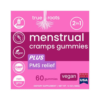 Menstrual Cramp Period Gummies True Roots | PMS Support Supplement for Women | Healthy Flow | Flo PMS Menstrual Cycle Relief, Cramping and Bloating | Vegan & Natural Flavors | 60 Count - Maple Wellness Supplements