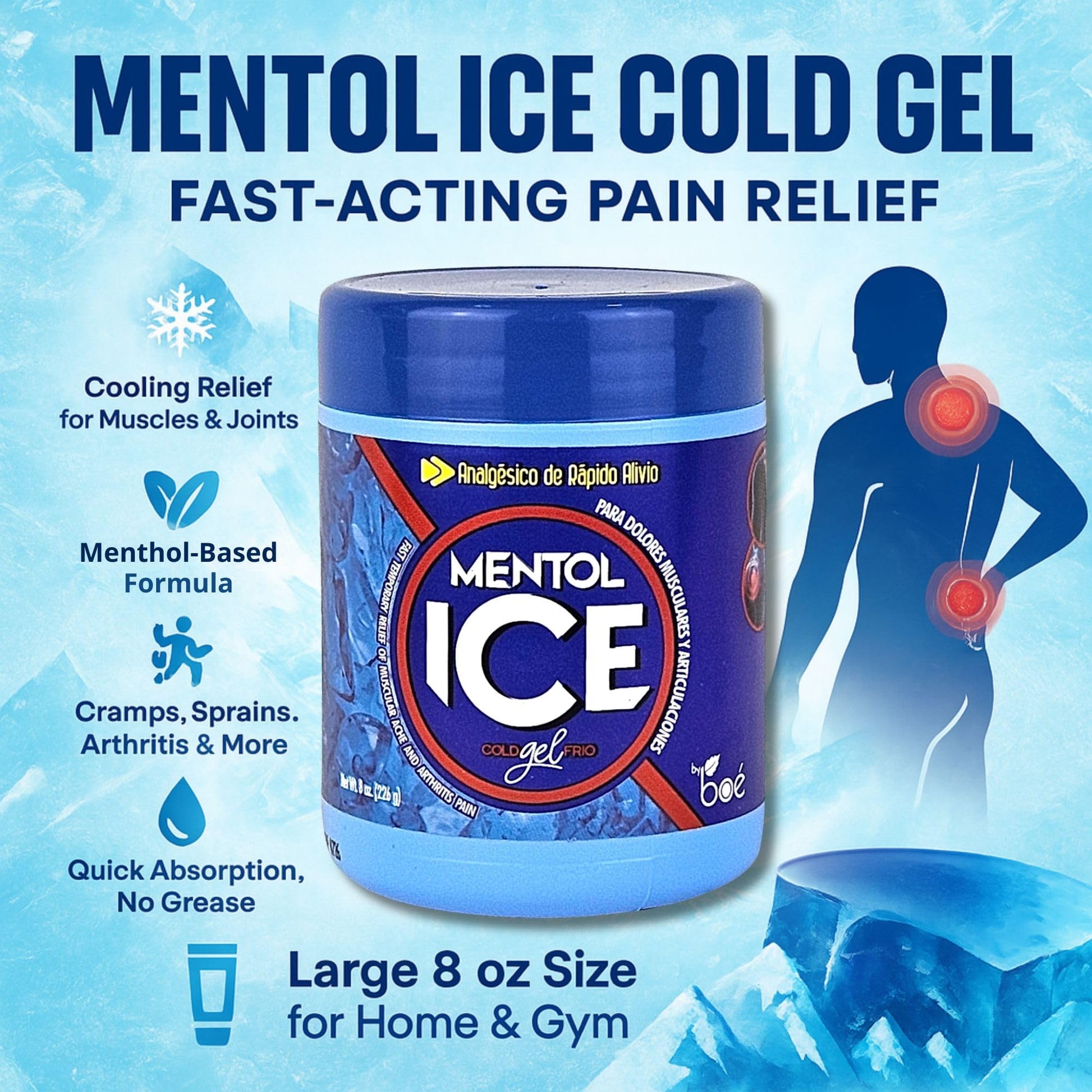 Mentol Ice Cold Gel – 8 oz Pain Relief Gel for Muscles & Joints – Fast-Acting Analgesic for Arthritis, Back Pain, Cramps, Sprains & Headaches – Non-Greasy & Quick Absorption - Maple Wellness Supplements