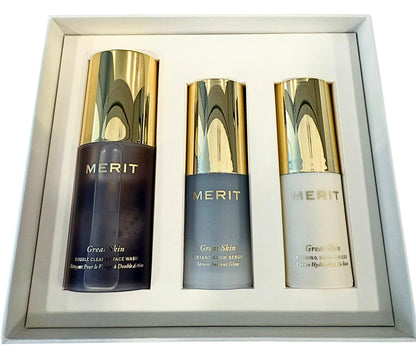 MERIT The Mini Great Skin Trio – Limited Edition Skincare Set with Double Cleanse Face Wash (15 ml), Instant Glow Serum (15 ml), and Priming Moisturizer (50 ml) - Maple Wellness Supplements