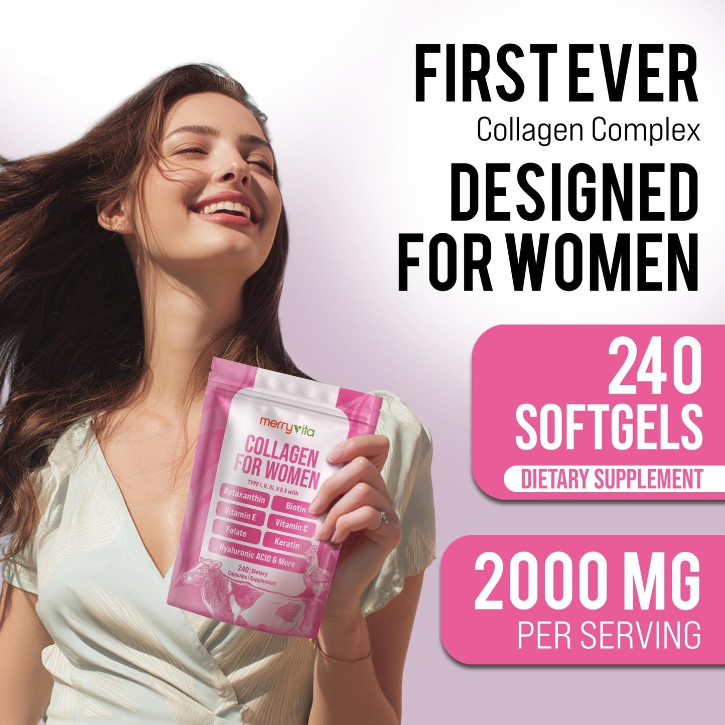 MERRY VITA Collagen for Women – Hydrolyzed Multi Collagen Peptides Types I, II, III, V & X – Collagen Supplement with Vitamin C, Biotin & Hyaluronic Acid – Grass Fed, Non-GMO, 240 Capsules - Maple Wellness Supplements