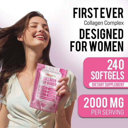 MERRY VITA Collagen for Women – Hydrolyzed Multi Collagen Peptides Types I, II, III, V & X – Collagen Supplement with Vitamin C, Biotin & Hyaluronic Acid – Grass Fed, Non-GMO, 240 Capsules - Maple Wellness Supplements