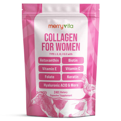 MERRY VITA Collagen for Women – Hydrolyzed Multi Collagen Peptides Types I, II, III, V & X – Collagen Supplement with Vitamin C, Biotin & Hyaluronic Acid – Grass Fed, Non-GMO, 240 Capsules - Maple Wellness Supplements