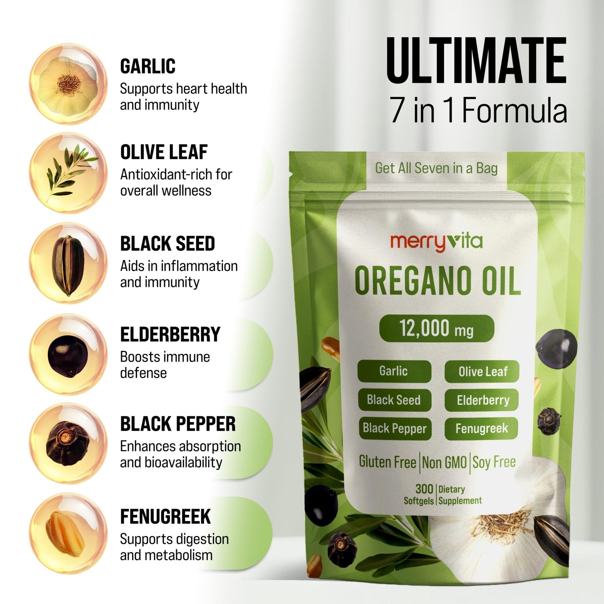 MERRY VITA Oil of Oregano with Black Seed Oil– Oregano Oil Capsules Organic, High Carvacrol – Aceite de Orégano Cápsulas, Immune Support Supplement – Non-GMO - 300 Softgels - Maple Wellness Supplements