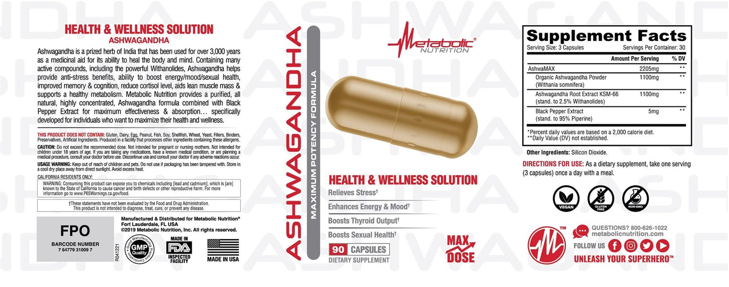 Metabolic Nutrition Ashwagandha 2200mg Made with Organic Ashwagandha Powder and Black Pepper Extract, 90 Vegan Capusles - Maple Wellness Supplements